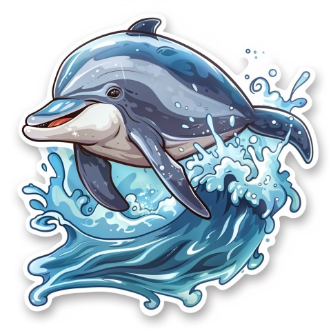 Cute Kawaii Stickers Playful Dolphin Jumping Over Waves on White Background (124)