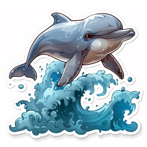 Cute Kawaii Stickers Playful Dolphin Jumping Over Waves on White Background (126)