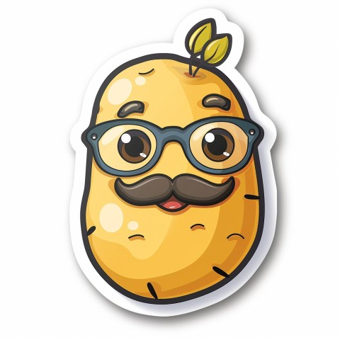 Cute Kawaii Stickers Quirky Potato with Glasses and Mustache on White Background (6)