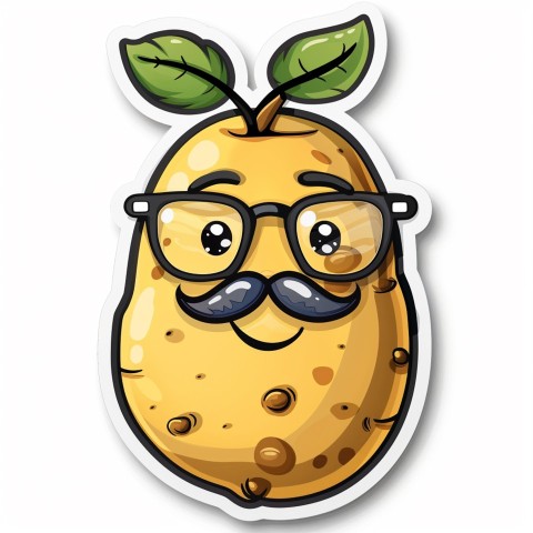 Cute Kawaii Stickers Quirky Potato with Glasses and Mustache on White Background (18)