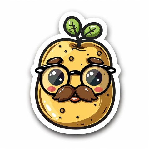 Cute Kawaii Stickers Quirky Potato with Glasses and Mustache on White Background (39)