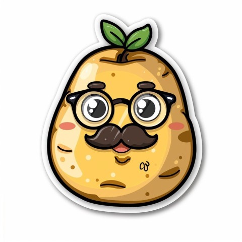 Cute Kawaii Stickers Quirky Potato with Glasses and Mustache on White Background (46)