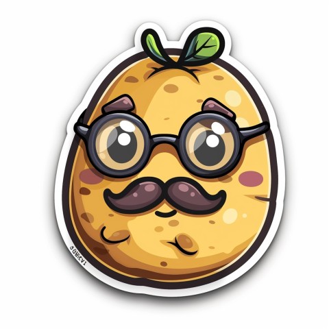 Cute Kawaii Stickers Quirky Potato with Glasses and Mustache on White Background (58)