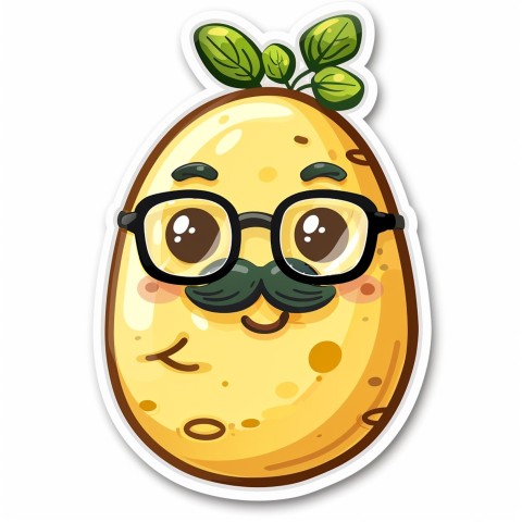 Cute Kawaii Stickers Quirky Potato with Glasses and Mustache on White Background (49)