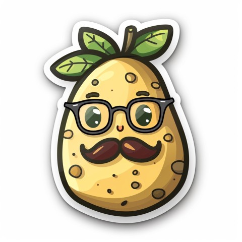 Cute Kawaii Stickers Quirky Potato with Glasses and Mustache on White Background (70)