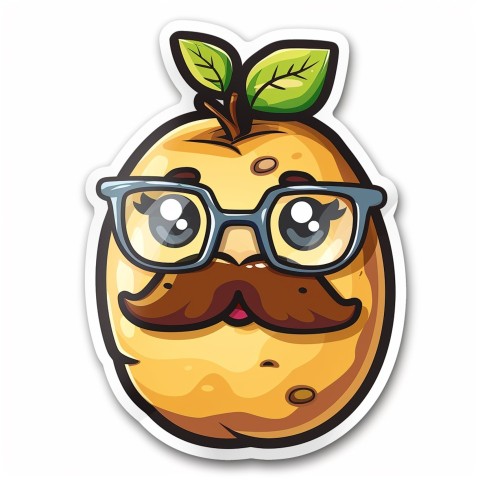 Cute Kawaii Stickers Quirky Potato with Glasses and Mustache on White Background (65)