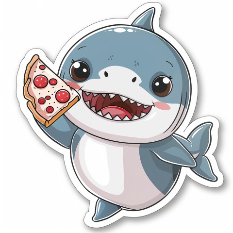 Cute Kawaii Stickers Shark Eating Pizza on White Background (12)