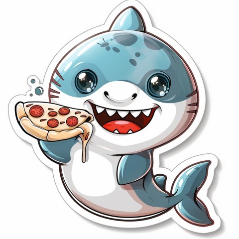 Cute Kawaii Stickers Shark Eating Pizza on White Background (10)