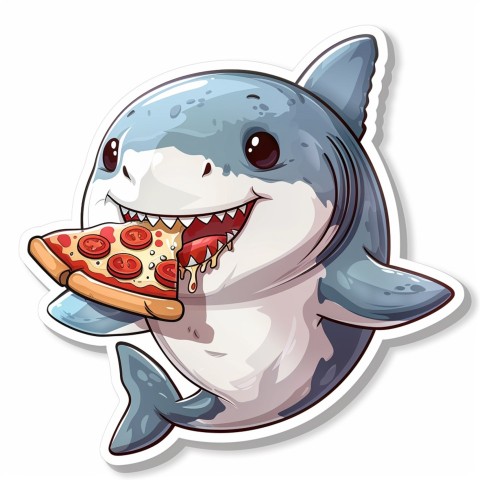 Cute Kawaii Stickers Shark Eating Pizza on White Background (4)