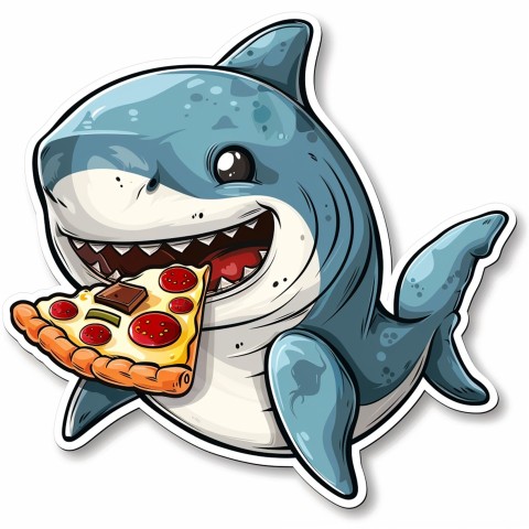 Cute Kawaii Stickers Shark Eating Pizza on White Background (16)