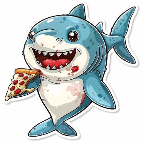 Cute Kawaii Stickers Shark Eating Pizza on White Background (11)