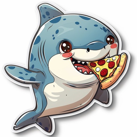 Cute Kawaii Stickers Shark Eating Pizza on White Background (19)