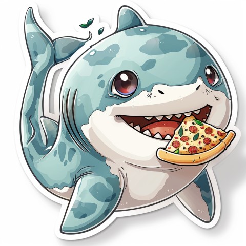 Cute Kawaii Stickers Shark Eating Pizza on White Background (15)