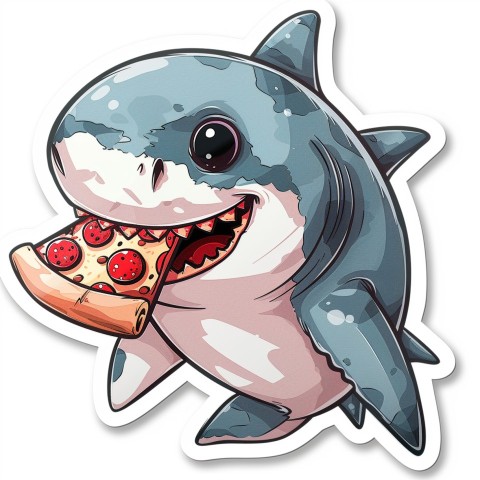 Cute Kawaii Stickers Shark Eating Pizza on White Background (14)