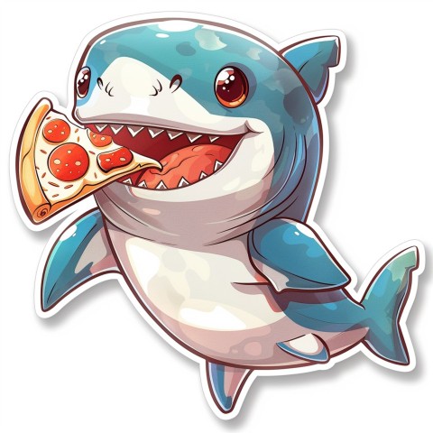 Cute Kawaii Stickers Shark Eating Pizza on White Background (8)