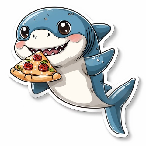 Cute Kawaii Stickers Shark Eating Pizza on White Background (21)