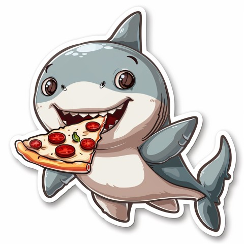 Cute Kawaii Stickers Shark Eating Pizza on White Background (23)