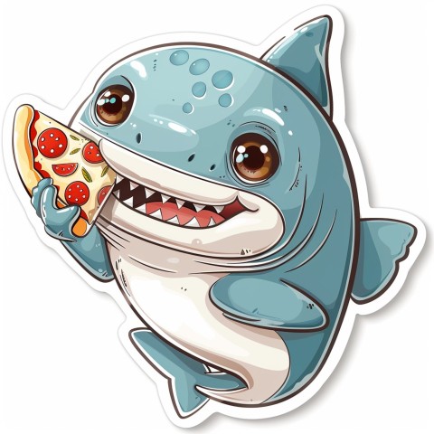 Cute Kawaii Stickers Shark Eating Pizza on White Background (24)