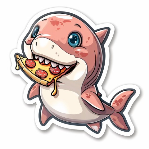 Cute Kawaii Stickers Shark Eating Pizza on White Background (34)