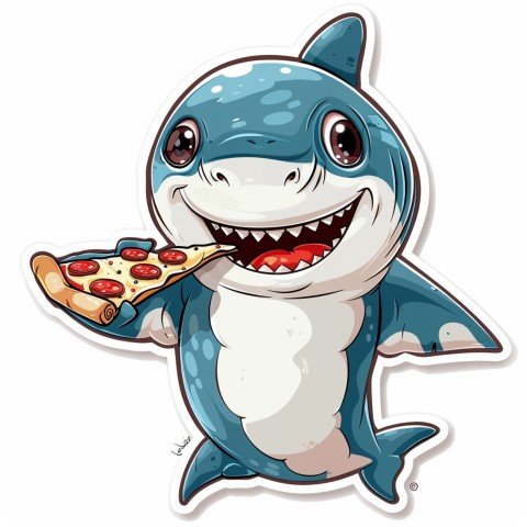 Cute Kawaii Stickers Shark Eating Pizza on White Background (33)