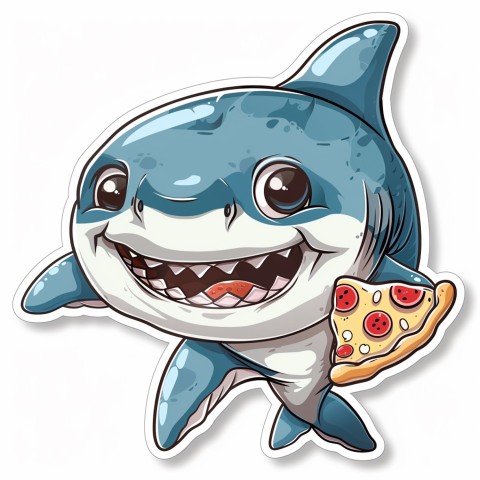 Cute Kawaii Stickers Shark Eating Pizza on White Background (36)