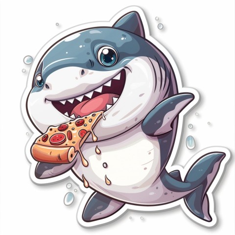 Cute Kawaii Stickers Shark Eating Pizza on White Background (26)