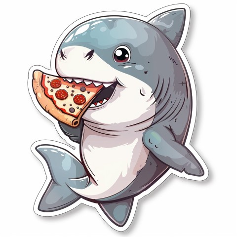 Cute Kawaii Stickers Shark Eating Pizza on White Background (44)