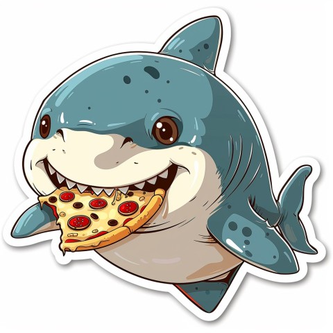 Cute Kawaii Stickers Shark Eating Pizza on White Background (46)