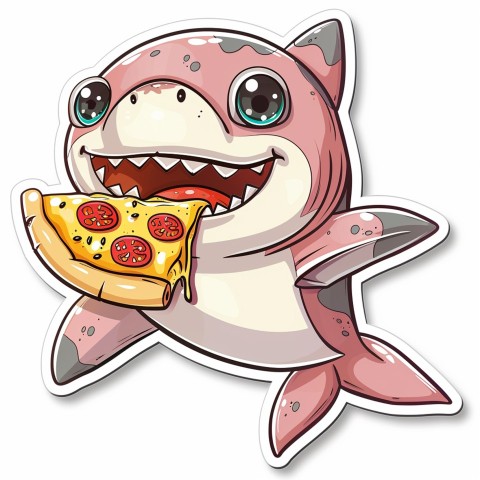 Cute Kawaii Stickers Shark Eating Pizza on White Background (50)