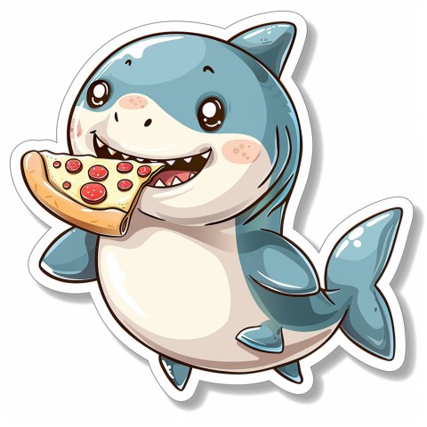 Cute Kawaii Stickers Shark Eating Pizza on White Background (48)