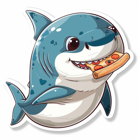 Cute Kawaii Stickers Shark Eating Pizza on White Background (54)