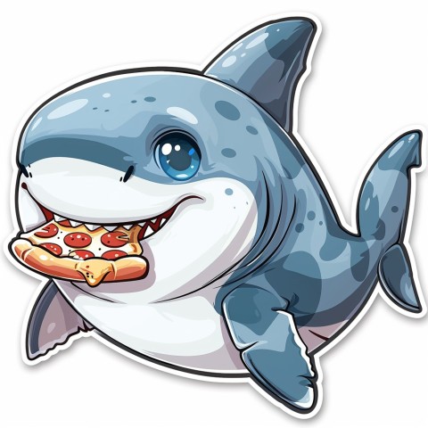 Cute Kawaii Stickers Shark Eating Pizza on White Background (55)