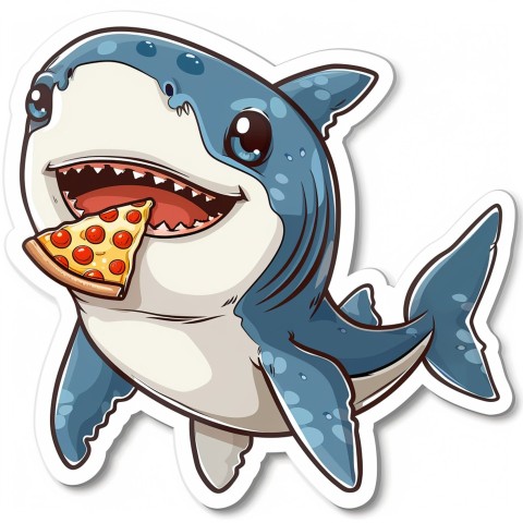 Cute Kawaii Stickers Shark Eating Pizza on White Background (58)