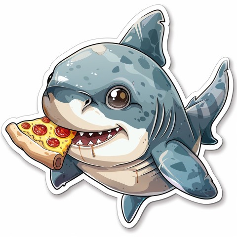 Cute Kawaii Stickers Shark Eating Pizza on White Background (59)