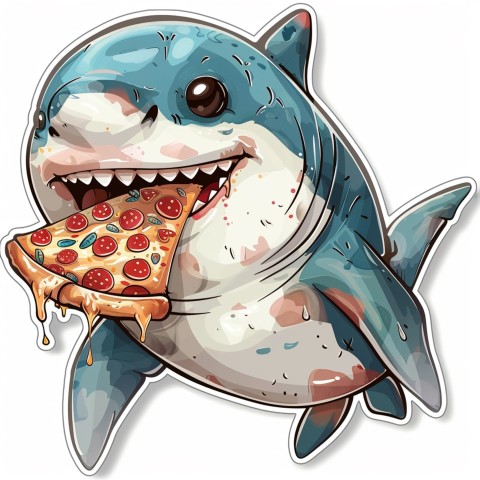 Cute Kawaii Stickers Shark Eating Pizza on White Background (51)