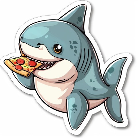 Cute Kawaii Stickers Shark Eating Pizza on White Background (67)