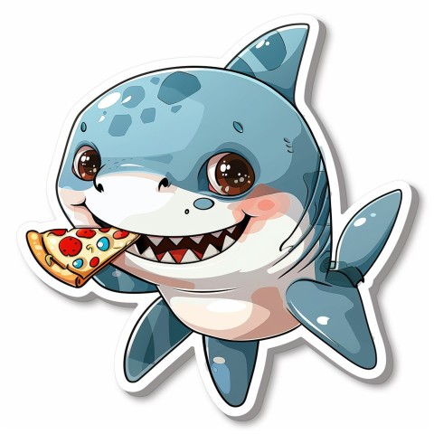 Cute Kawaii Stickers Shark Eating Pizza on White Background (78)