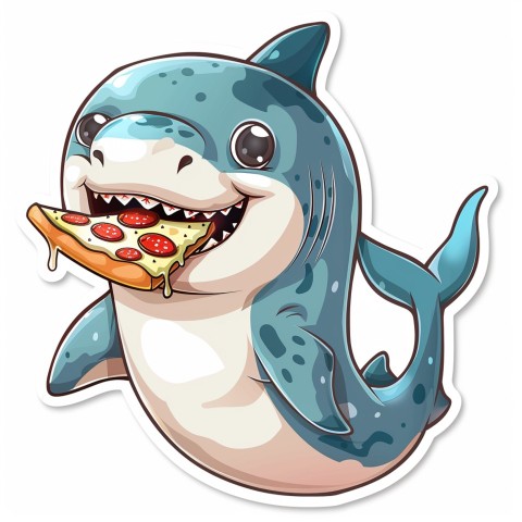 Cute Kawaii Stickers Shark Eating Pizza on White Background (77)