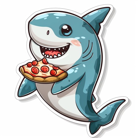 Cute Kawaii Stickers Shark Eating Pizza on White Background (62)