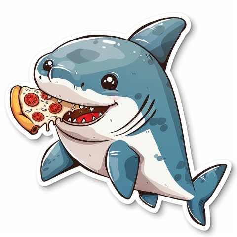 Cute Kawaii Stickers Shark Eating Pizza on White Background (72)