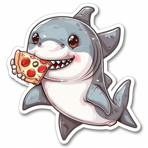 Cute Kawaii Stickers Shark Eating Pizza on White Background (63)