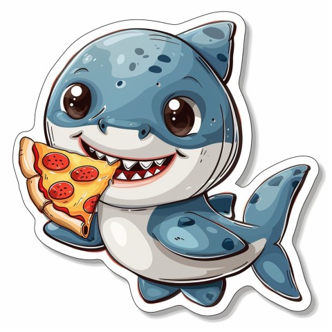 Cute Kawaii Stickers Shark Eating Pizza on White Background (65)