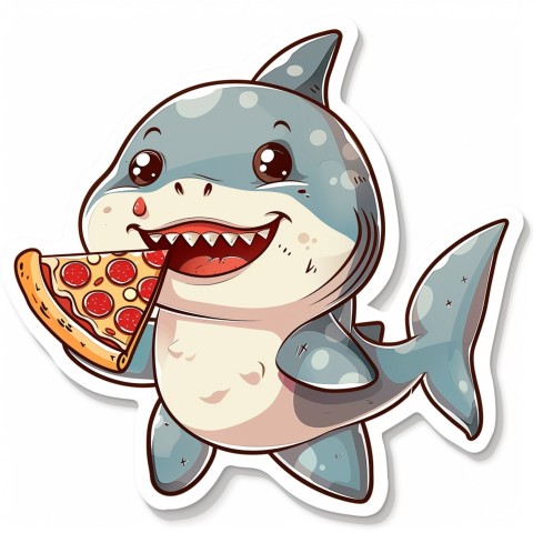 Cute Kawaii Stickers Shark Eating Pizza on White Background (79)