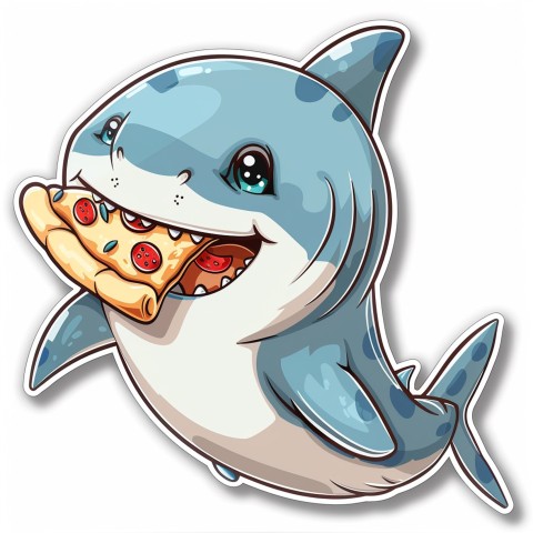 Cute Kawaii Stickers Shark Eating Pizza on White Background (71)