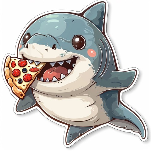 Cute Kawaii Stickers Shark Eating Pizza on White Background (80)