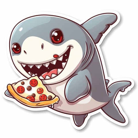 Cute Kawaii Stickers Shark Eating Pizza on White Background (89)