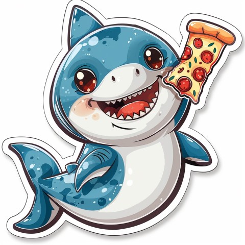 Cute Kawaii Stickers Shark Eating Pizza on White Background (86)