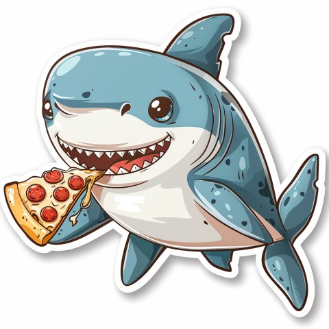 Cute Kawaii Stickers Shark Eating Pizza on White Background (83)