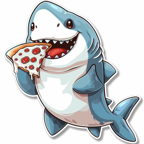 Cute Kawaii Stickers Shark Eating Pizza on White Background (84)