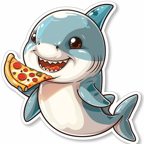 Cute Kawaii Stickers Shark Eating Pizza on White Background (95)